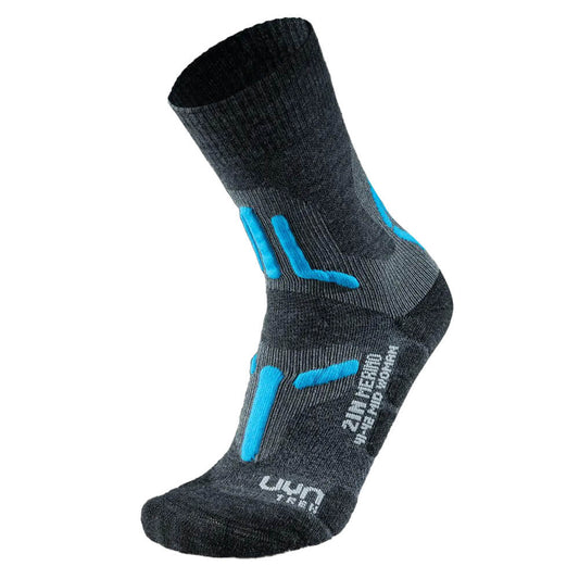 UYN Trekking 2in Women's Merino Mid Socks, Mid Grey/Turquoise